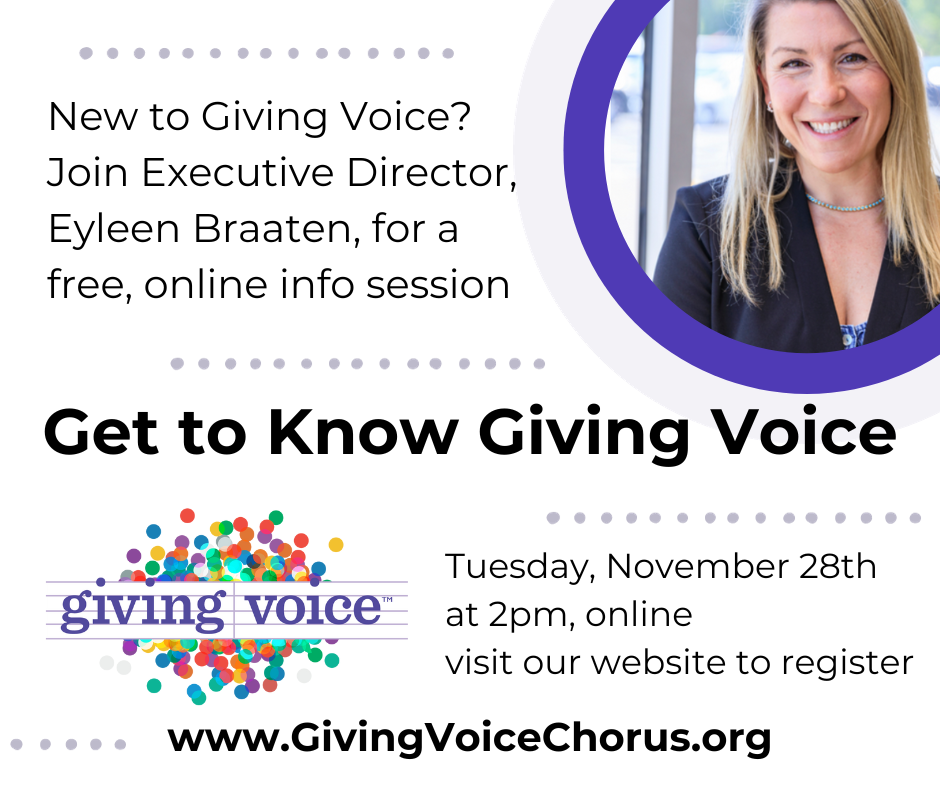graphic image for Get to Know Giving Voice, an info session about music and dementia